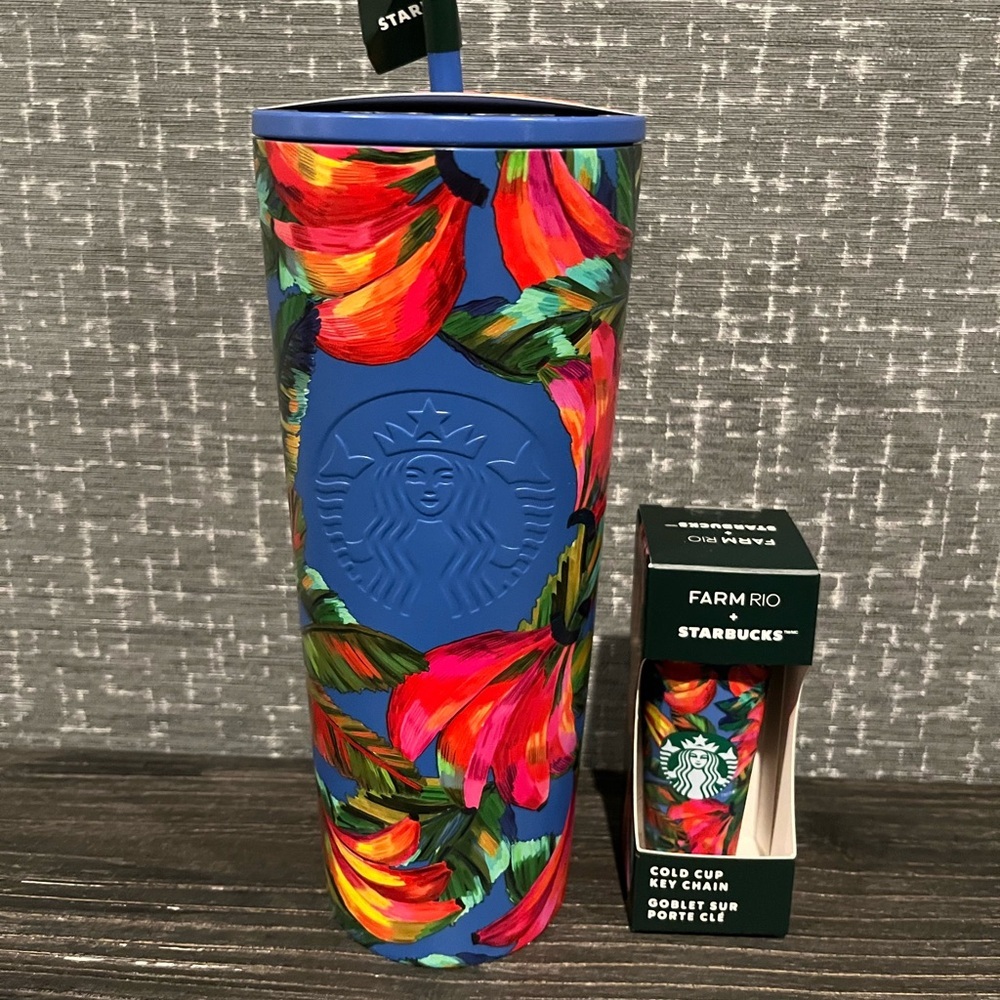 NWT Starbucks x Farm Rio Banana Mix Blue Venti Cold Cup & Keychain
